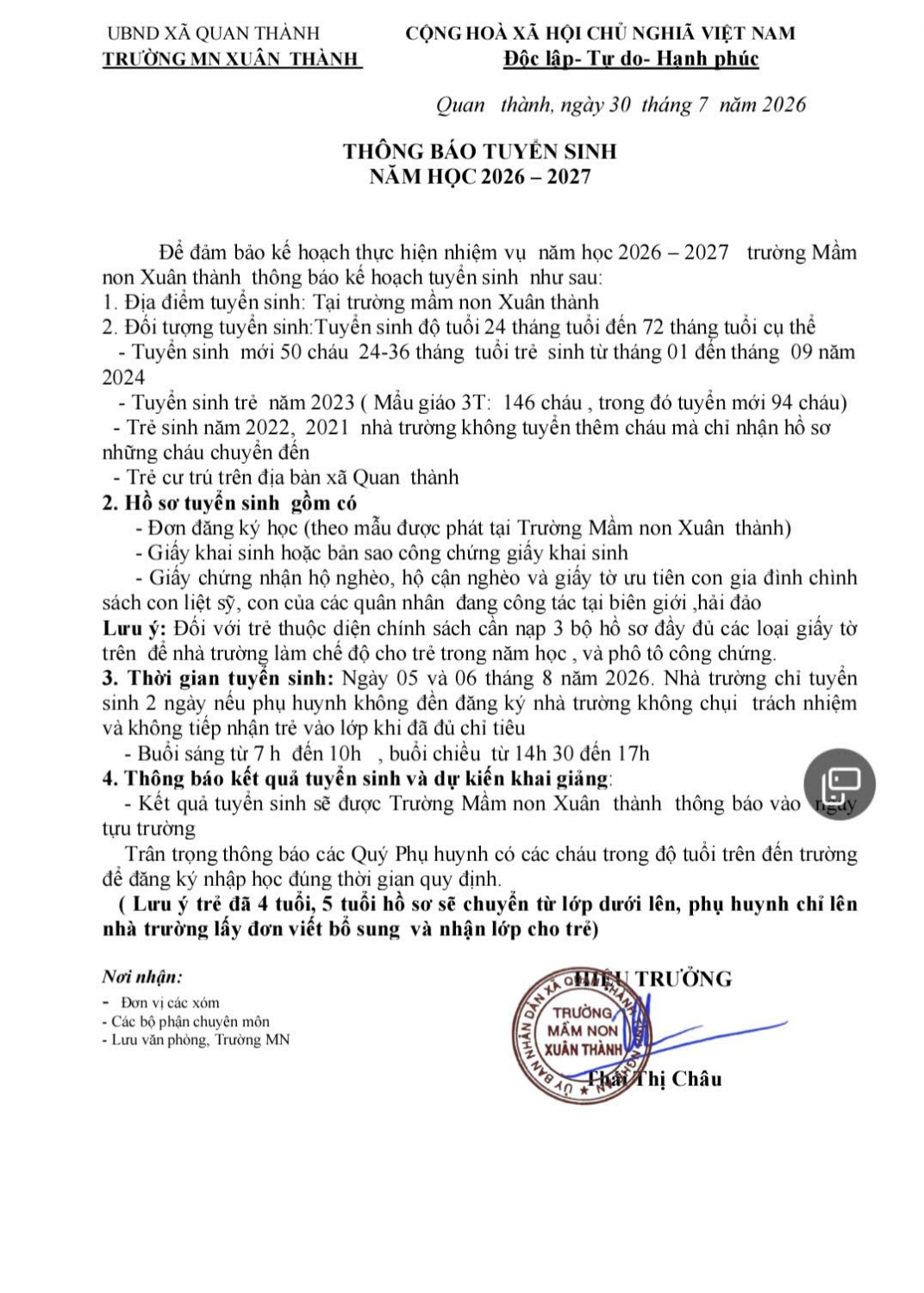 TRƯỜNG MN XUÂN THÀNH TUYỂN SINH NĂM HỌC 2026-2027